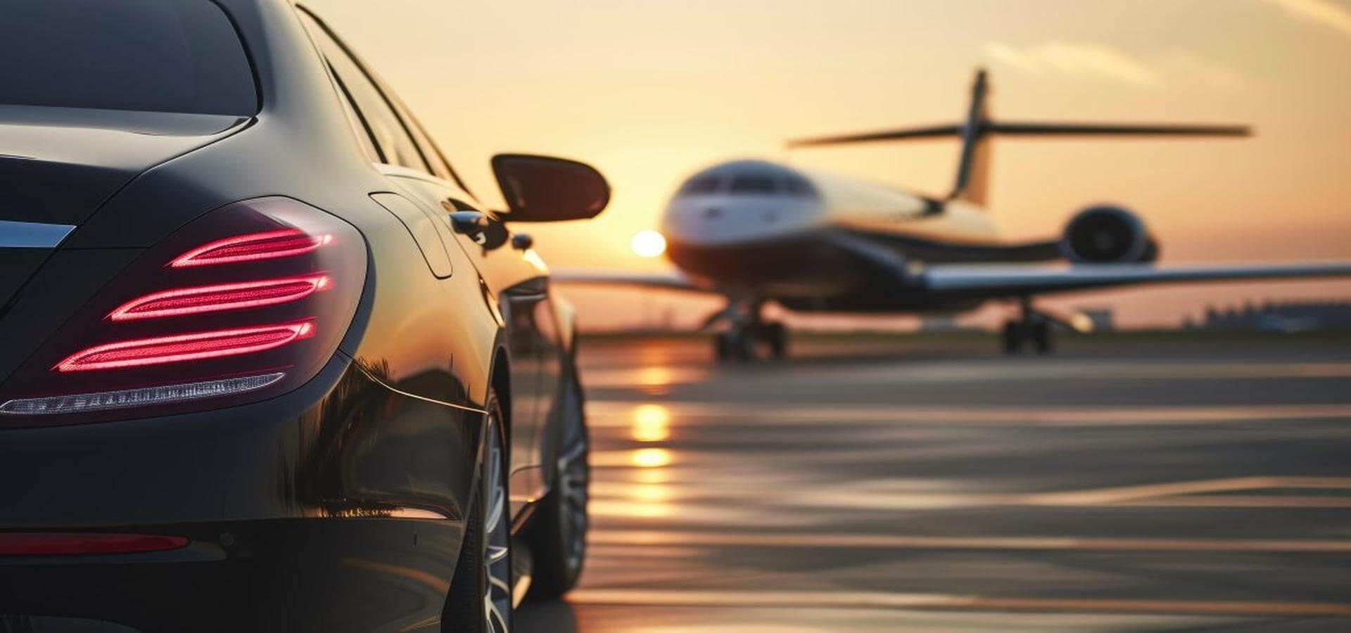 Mercedes S-Class at the airport with a private jet in the background, offering luxury airport transfers