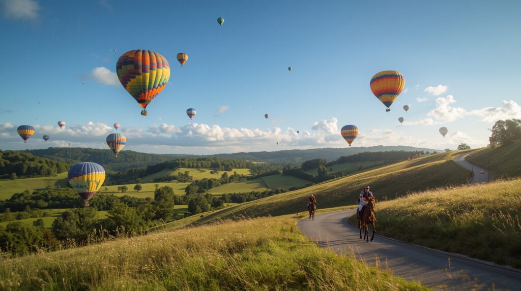 Surrey Hills landscape with vibrant hot air balloons floating in the clear blue sky, their colorful envelopes glistening in the sunlight, amidst horse riders galloping on majestic horses with flowing manes, and cyclists pedaling on winding roads, surrounded by lush green rolling hills, wooded areas, and wildflowers, with a few trees scattered across the hills, under a warm sunny atmosphere with a few puffy white clouds, capturing the essence of a lively outdoor scene in a scenic English countryside.