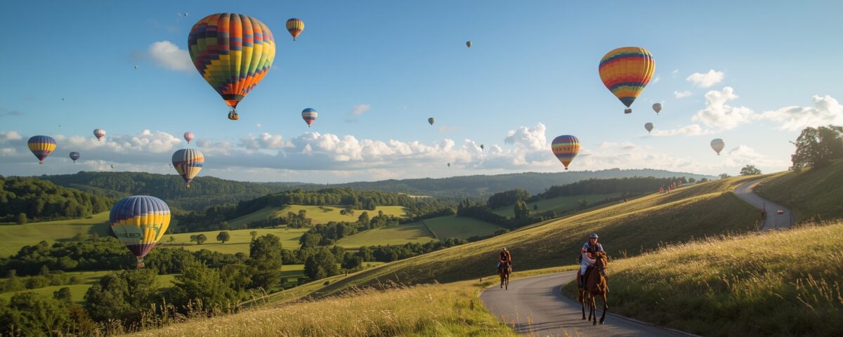 Surrey Hills landscape with vibrant hot air balloons floating in the clear blue sky, their colorful envelopes glistening in the sunlight, amidst horse riders galloping on majestic horses with flowing manes, and cyclists pedaling on winding roads, surrounded by lush green rolling hills, wooded areas, and wildflowers, with a few trees scattered across the hills, under a warm sunny atmosphere with a few puffy white clouds, capturing the essence of a lively outdoor scene in a scenic English countryside.
