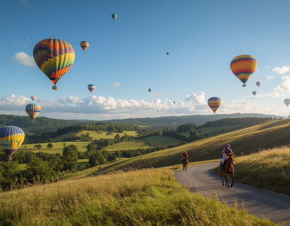 Surrey Hills landscape with vibrant hot air balloons floating in the clear blue sky, their colorful envelopes glistening in the sunlight, amidst horse riders galloping on majestic horses with flowing manes, and cyclists pedaling on winding roads, surrounded by lush green rolling hills, wooded areas, and wildflowers, with a few trees scattered across the hills, under a warm sunny atmosphere with a few puffy white clouds, capturing the essence of a lively outdoor scene in a scenic English countryside.